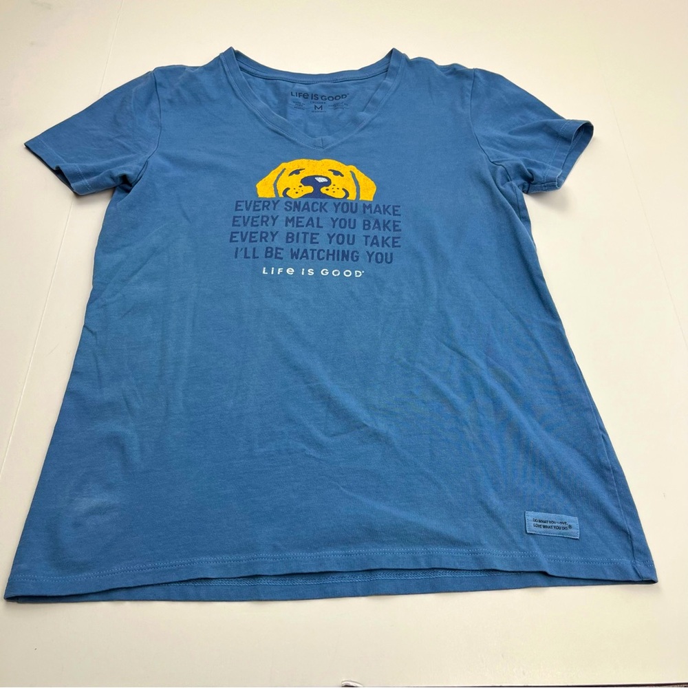 Life‎ Is Good Crusher Tee Shirt Dog Womens Size Medium Blue Short Sleeve Popover
